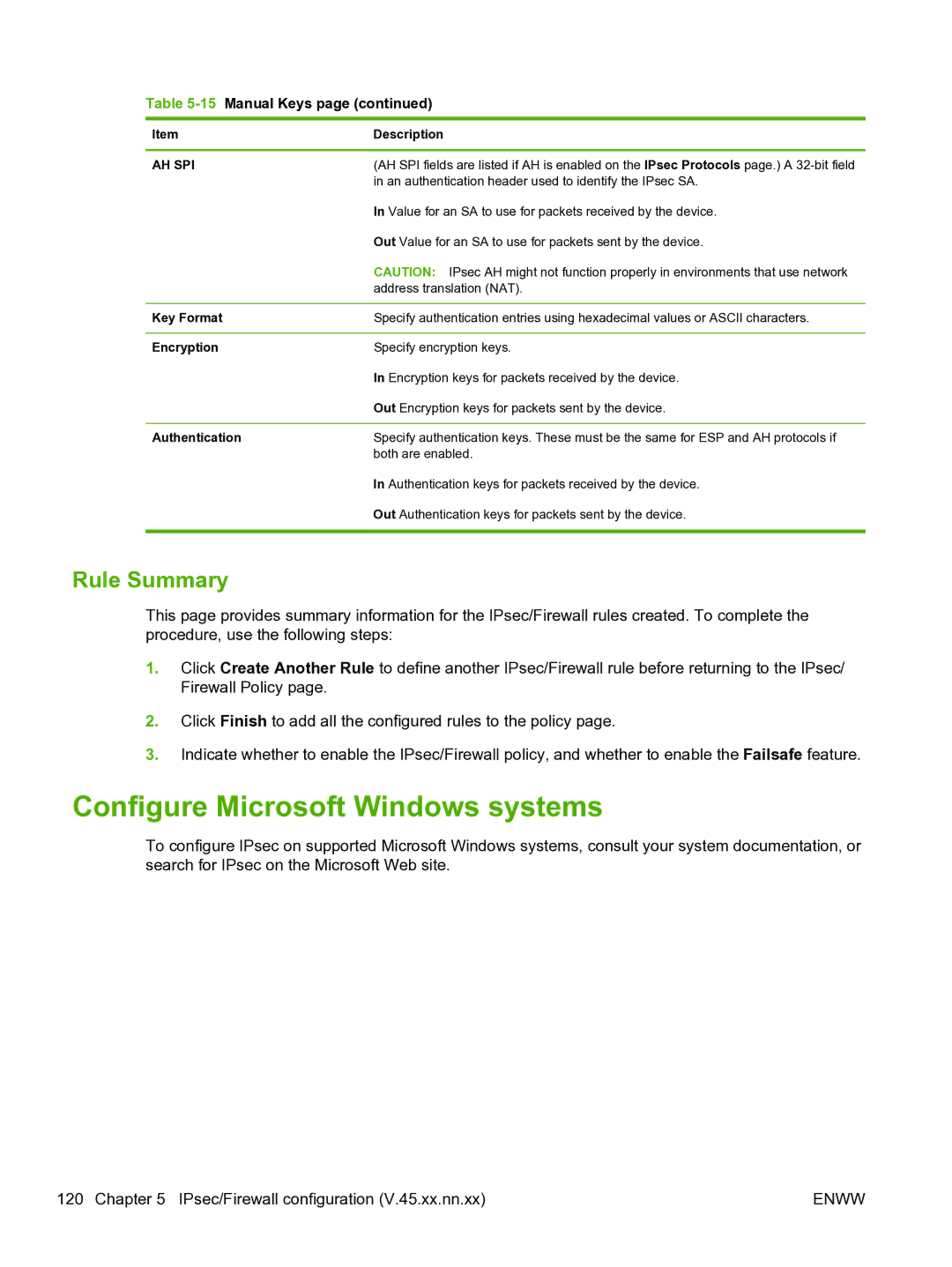 HP 640n Print Server manual Configure Microsoft Windows systems, Rule Summary, Key Format, Encryption, Authentication 