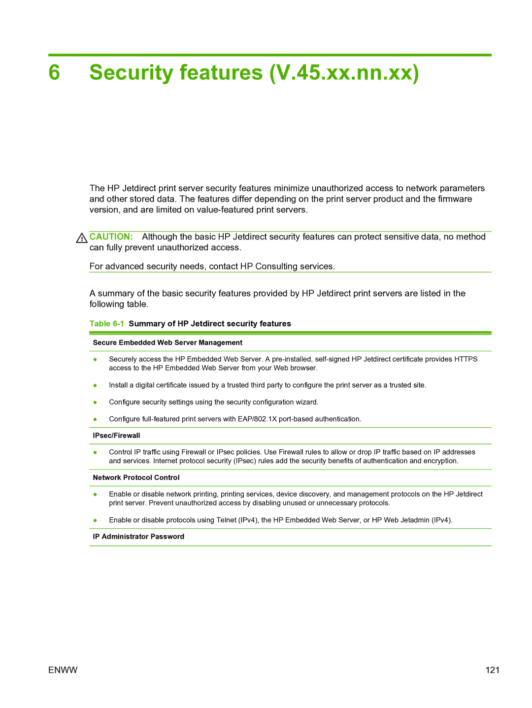 HP 640n Print Server 1Summary of HP Jetdirect security features, Secure Embedded Web Server Management, IPsec/Firewall 