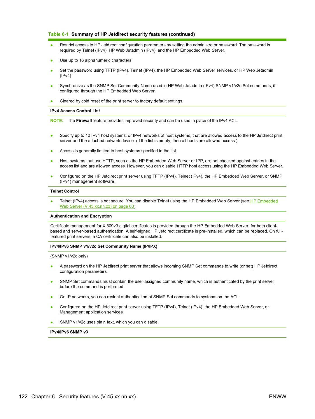 HP 640n Print Server manual IPv4 Access Control List, Telnet Control, Authentication and Encryption, IPv4/IPv6 Snmp 