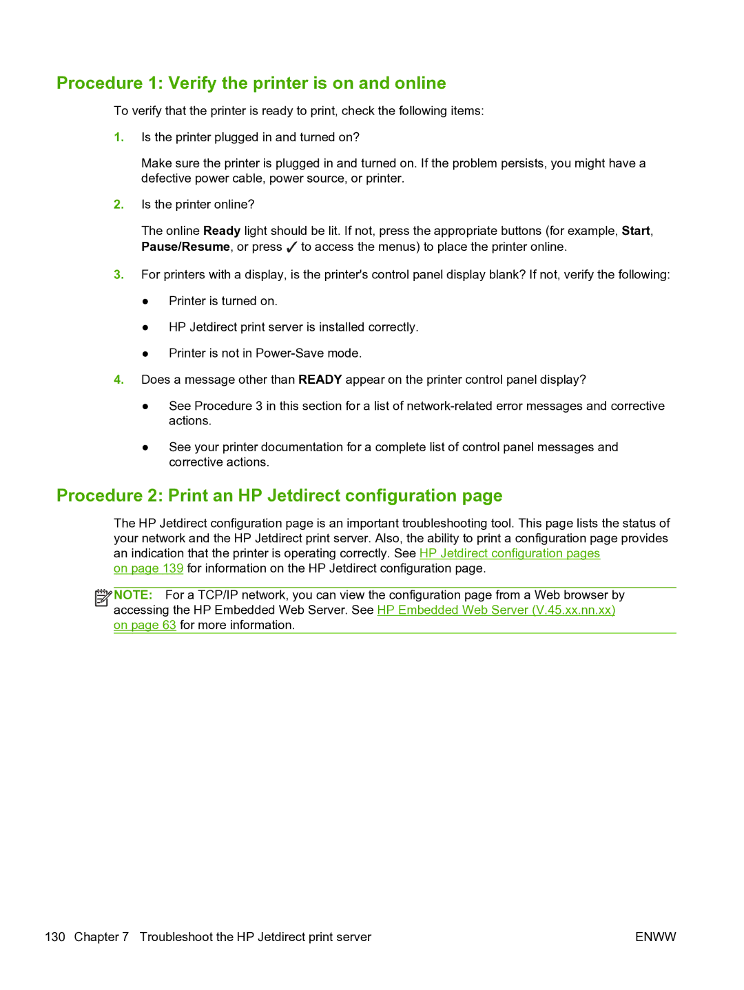 HP 640n Print Server Procedure 1 Verify the printer is on and online, Procedure 2 Print an HP Jetdirect configuration 