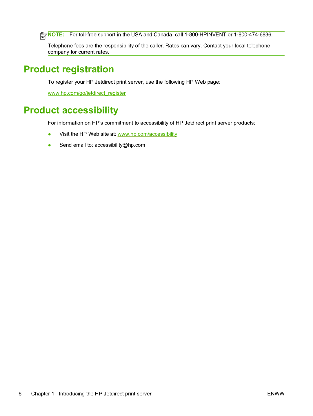 HP 640n Print Server manual Product registration, Product accessibility 