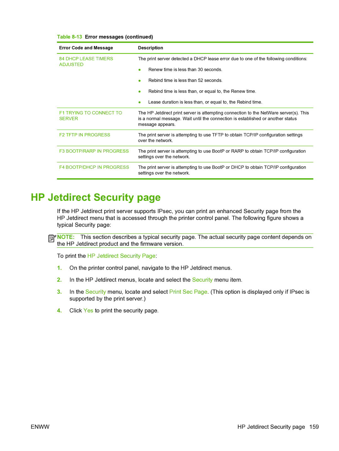 HP 640n Print Server manual HP Jetdirect Security, Dhcp Lease Timers, Adjusted, Trying to Connect to, Tftp in Progress 