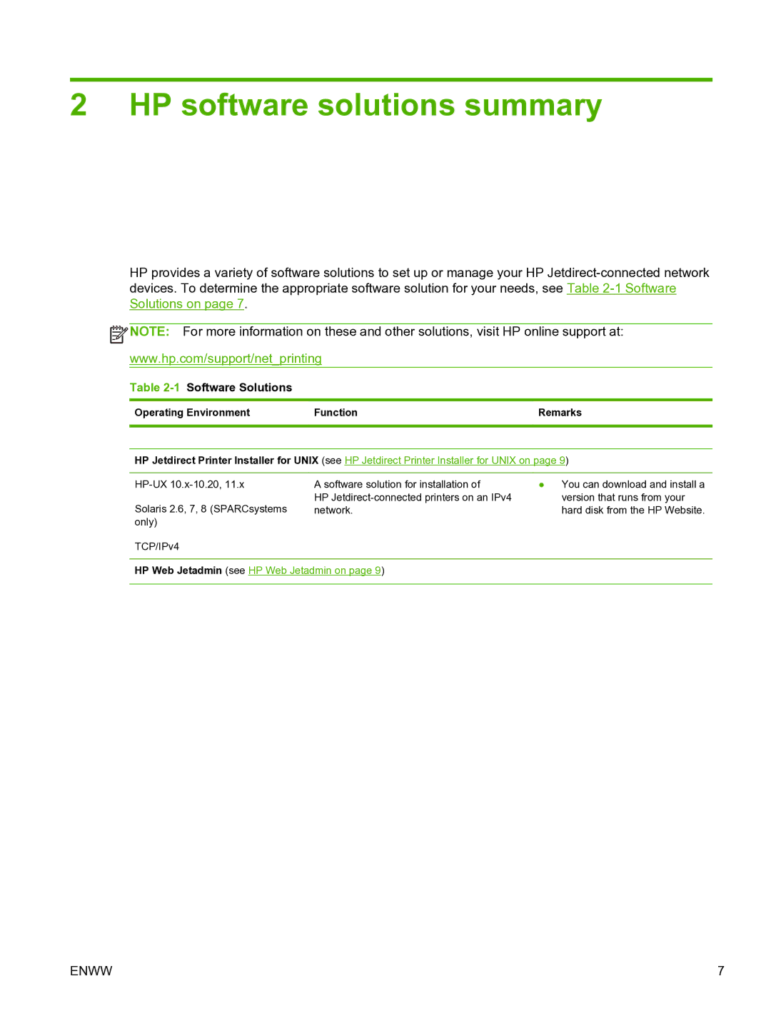 HP 640n Print Server 1Software Solutions, Operating Environment Function Remarks, HP Web Jetadmin see HP Web Jetadmin on 