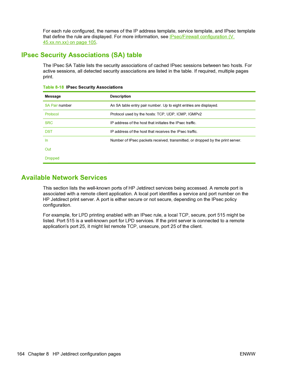 HP 640n Print Server IPsec Security Associations SA table, Available Network Services, 18IPsec Security Associations, Src 