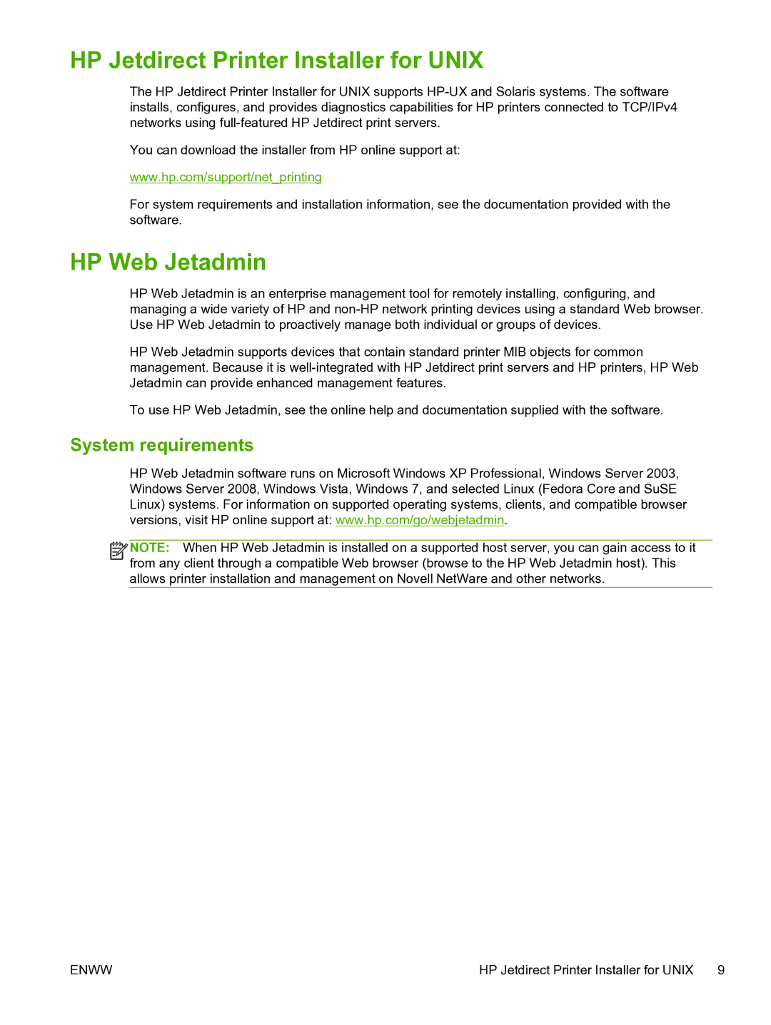 HP 640n Print Server manual HP Jetdirect Printer Installer for Unix, HP Web Jetadmin, System requirements 