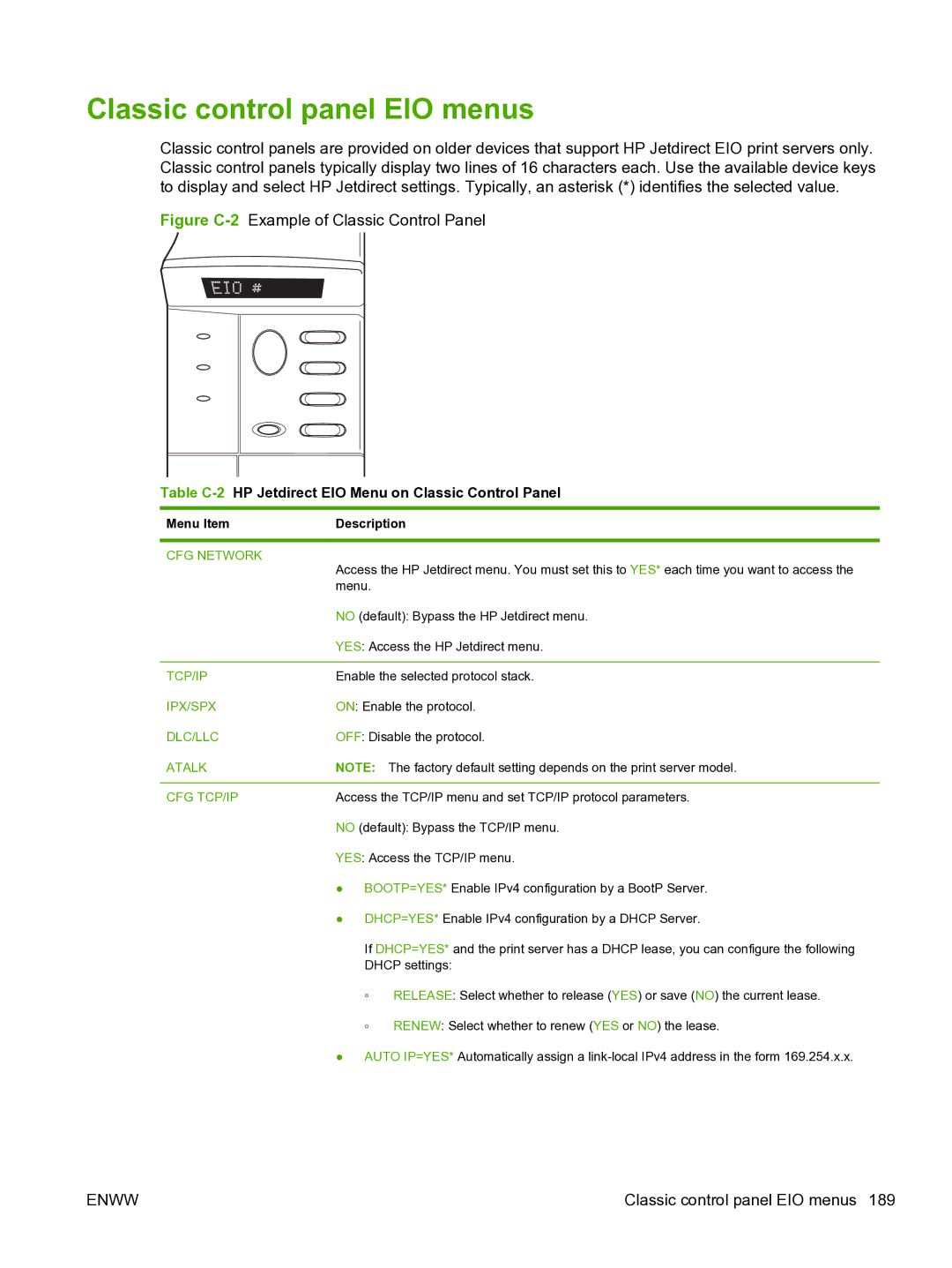 HP 640n Print Server Classic control panel EIO menus, Table C-2HP Jetdirect EIO Menu on Classic Control Panel, CFG Network 