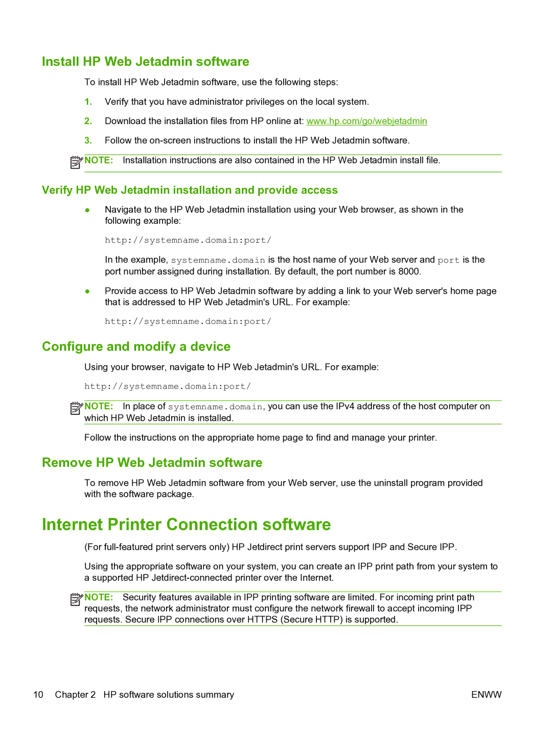 HP 640n Print Server Internet Printer Connection software, Install HP Web Jetadmin software, Configure and modify a device 