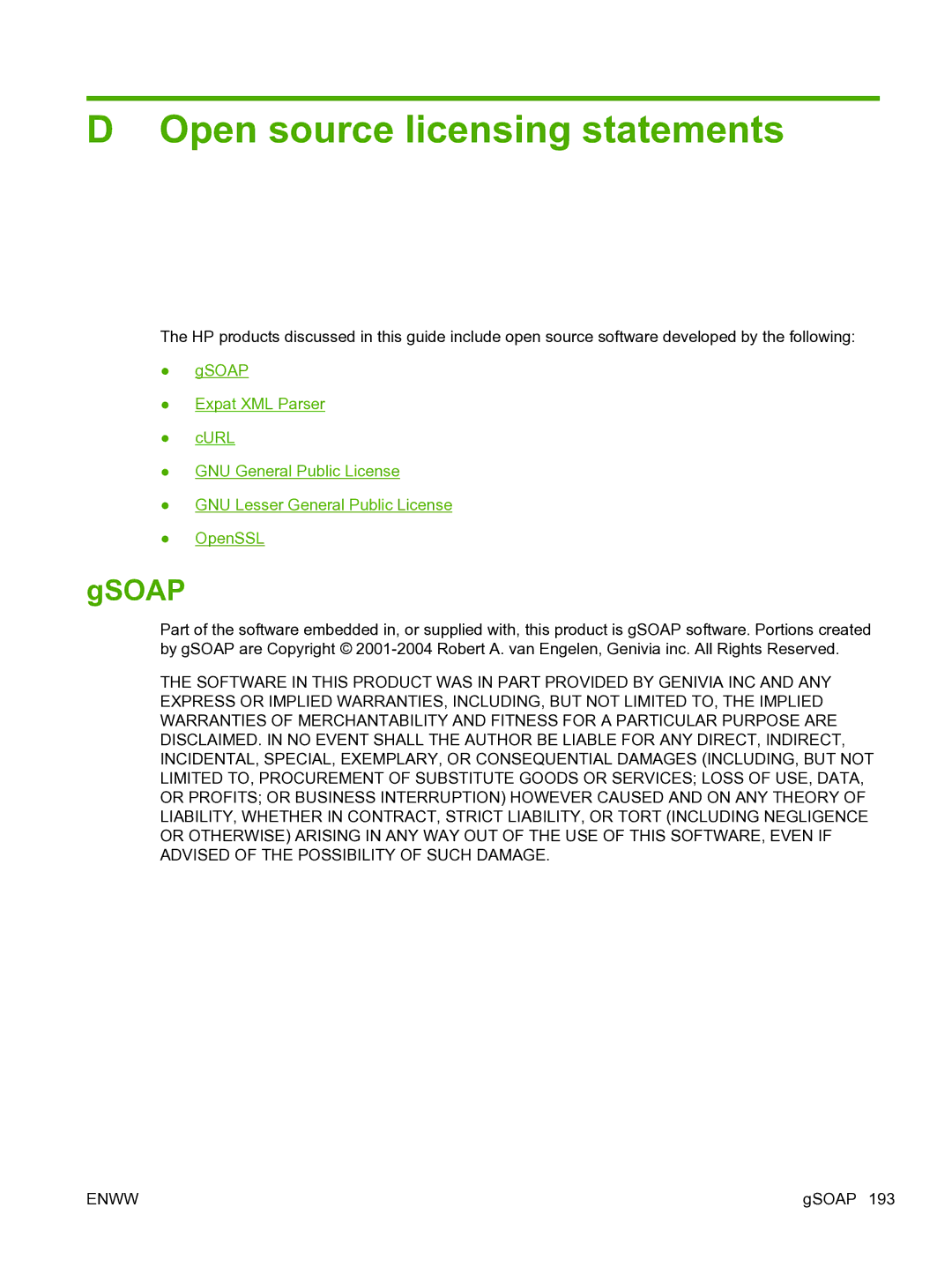 HP 640n Print Server manual Open source licensing statements, Gsoap 