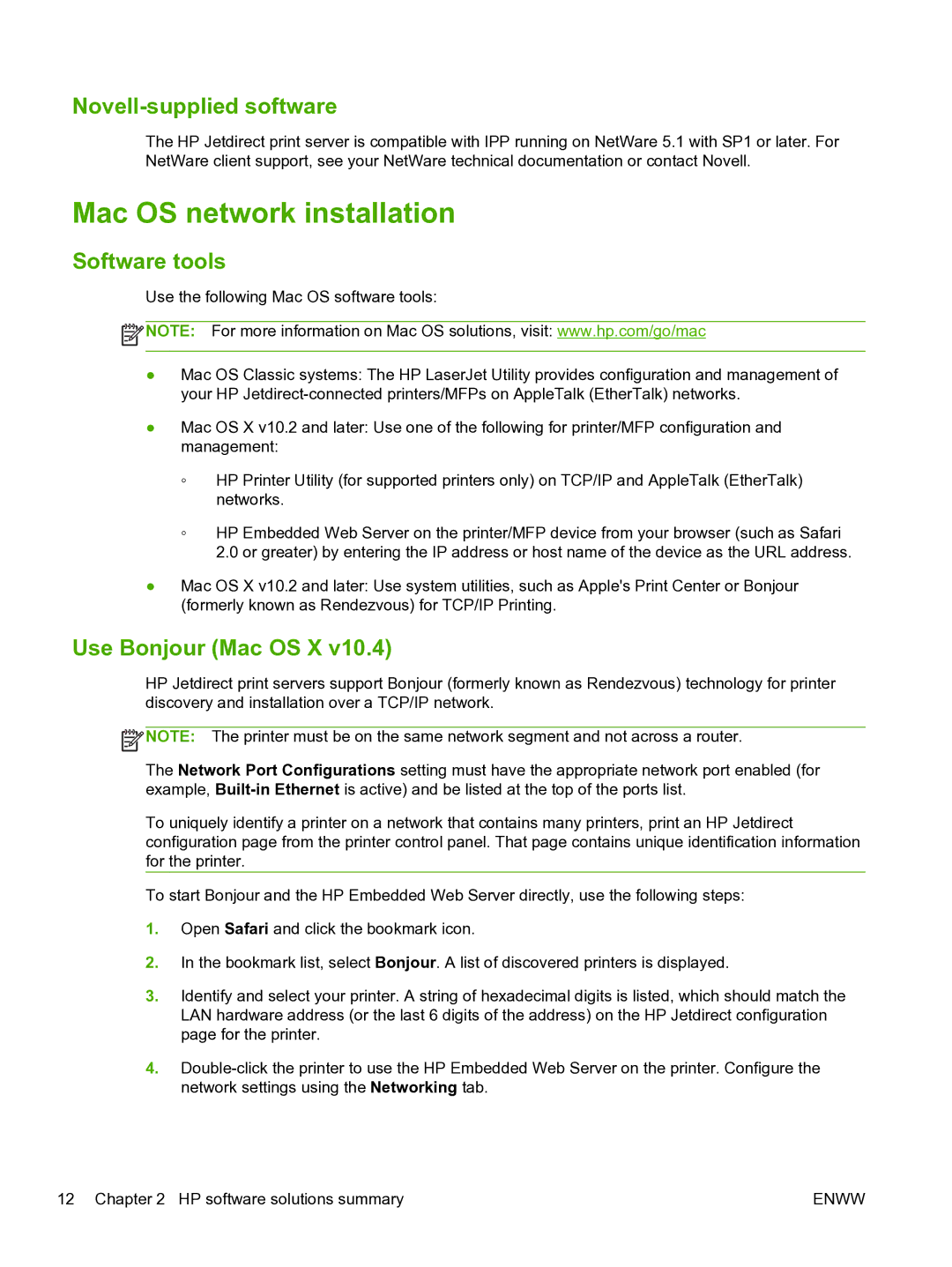 HP 640n Print Server manual Mac OS network installation, Novell-supplied software, Software tools, Use Bonjour Mac OS X 