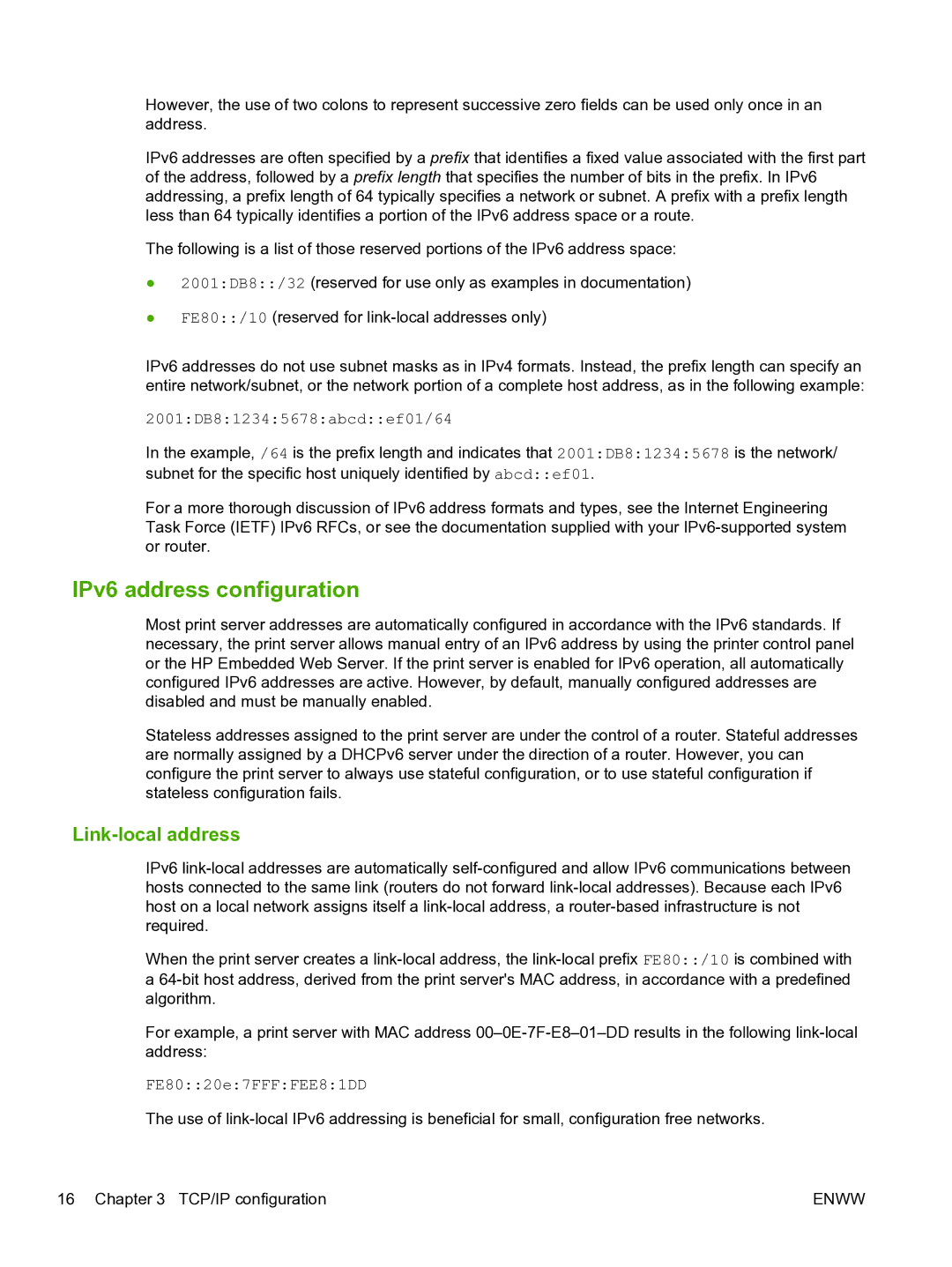 HP 640n Print Server manual IPv6 address configuration, Link-local address 