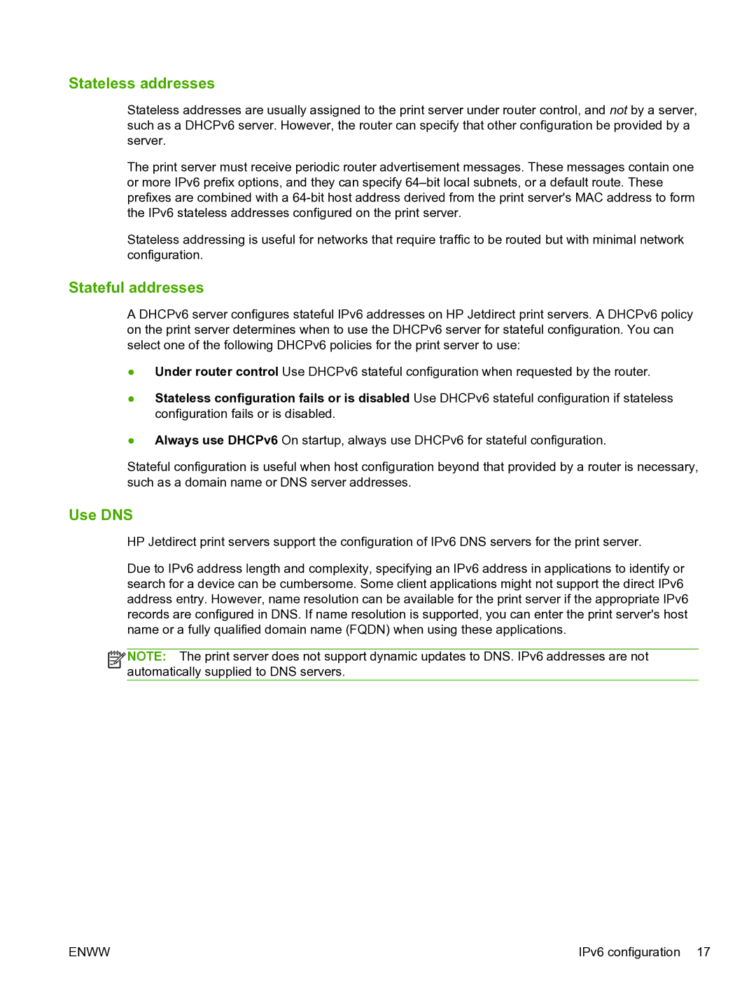 HP 640n Print Server manual Stateless addresses, Stateful addresses, Use DNS 