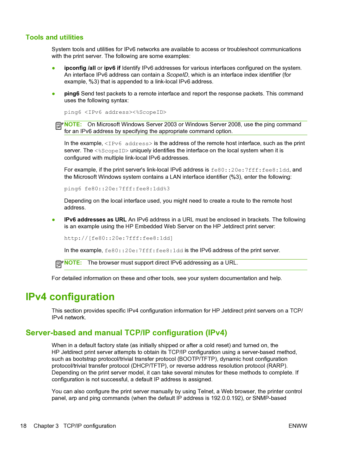 HP 640n Print Server IPv4 configuration, Server-based and manual TCP/IP configuration IPv4, Tools and utilities 