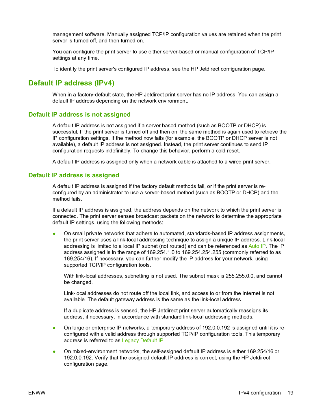 HP 640n Print Server manual Default IP address IPv4, Default IP address is not assigned, Default IP address is assigned 