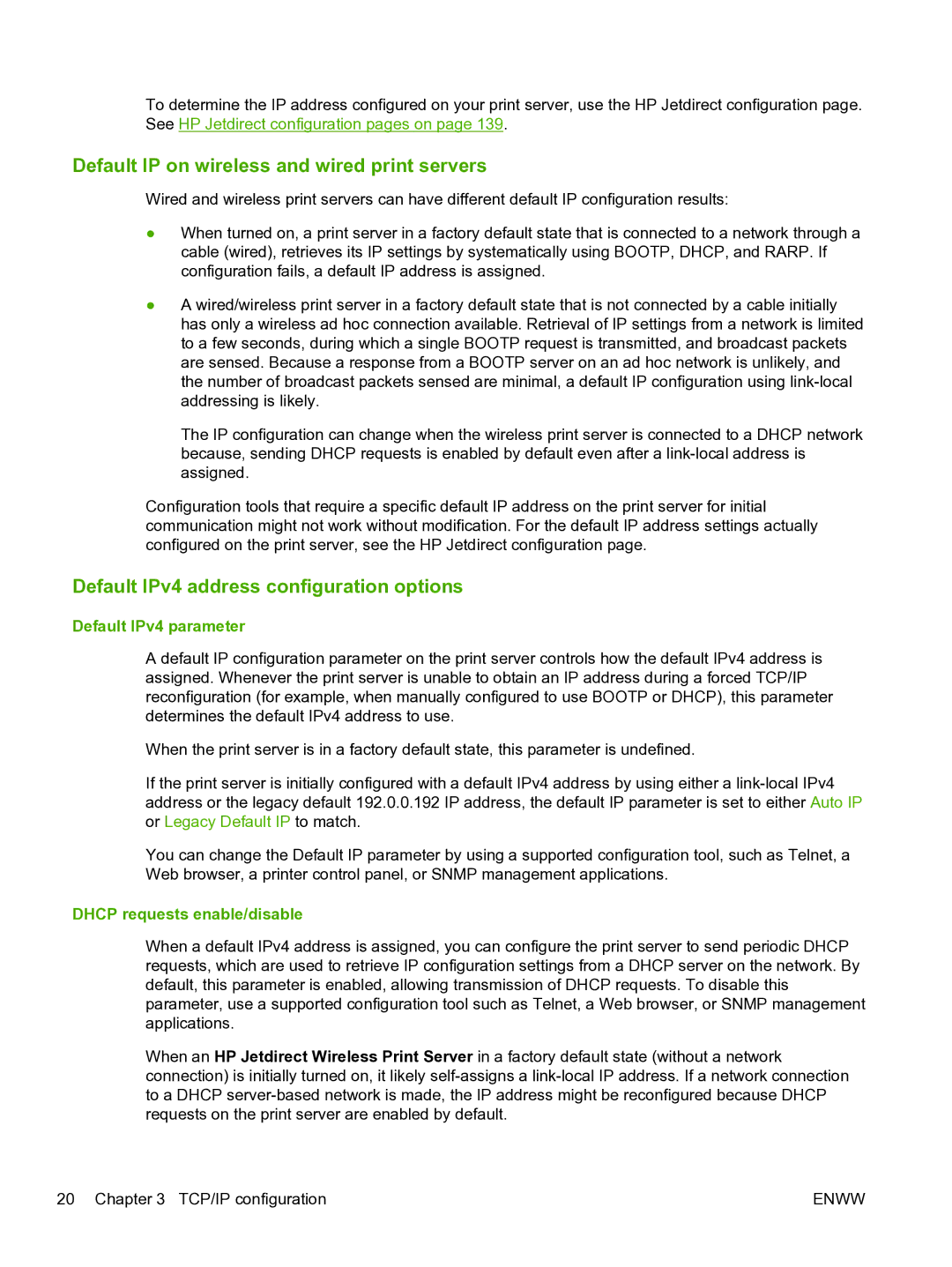 HP 640n Print Server manual Default IP on wireless and wired print servers, Default IPv4 address configuration options 