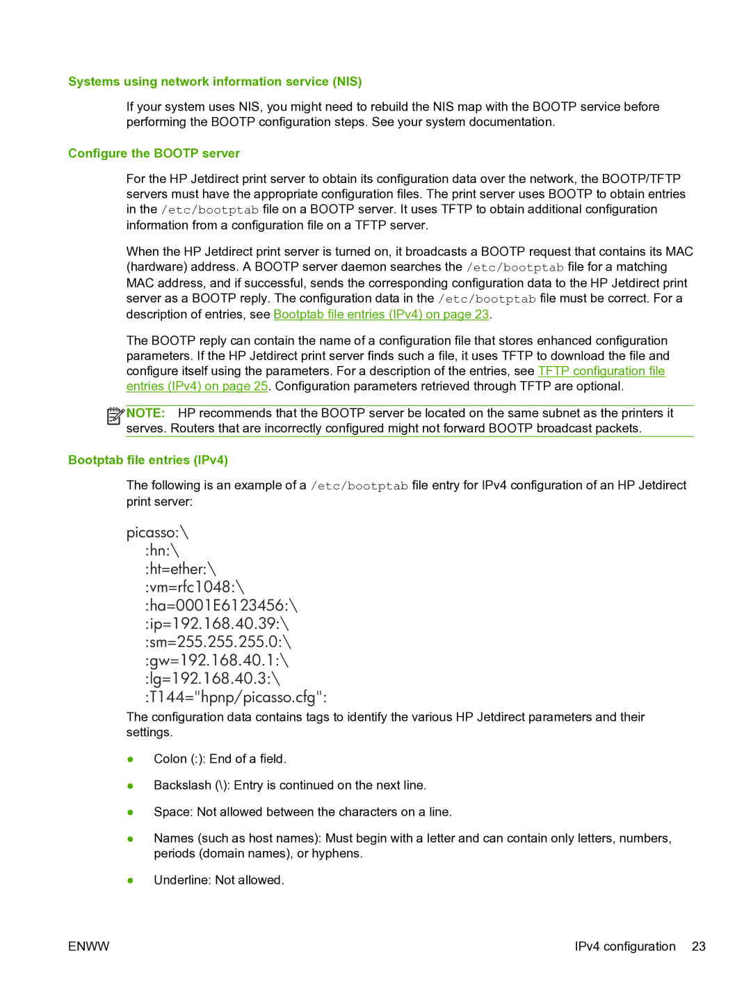 HP 640n Print Server Systems using network information service NIS, Configure the Bootp server, Bootptab file entries IPv4 