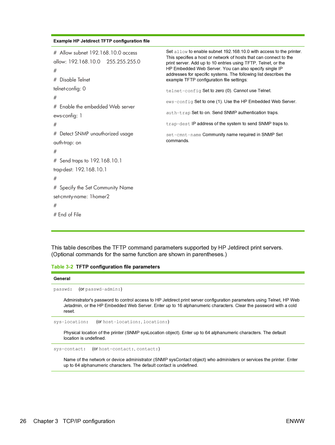 HP 640n Print Server manual 2TFTP configuration file parameters, Example HP Jetdirect Tftp configuration file, General 