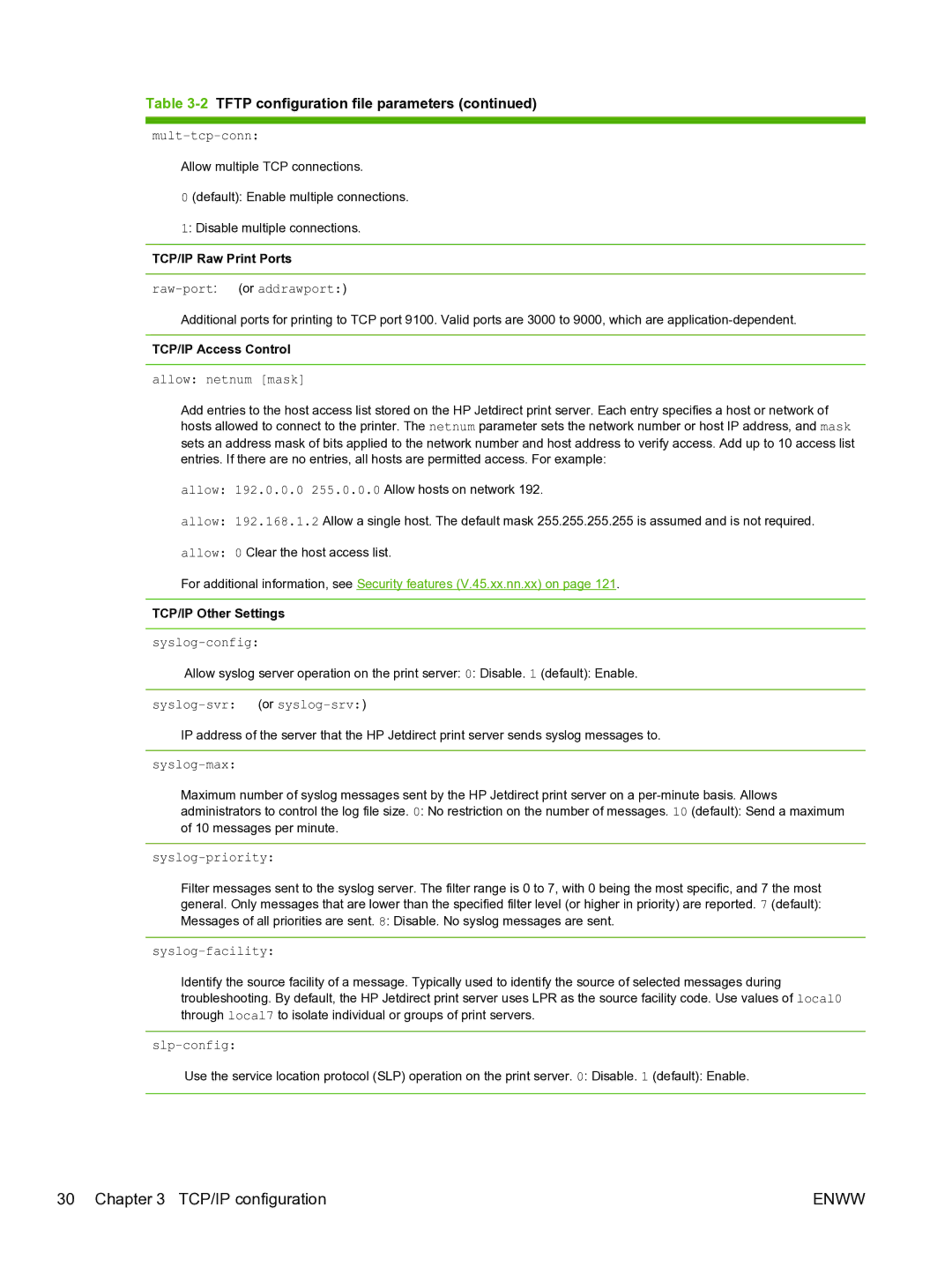 HP 640n Print Server manual TCP/IP Raw Print Ports, TCP/IP Access Control, TCP/IP Other Settings 