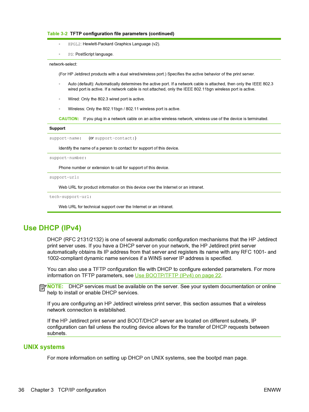 HP 640n Print Server manual Use Dhcp IPv4, Unix systems, Support 