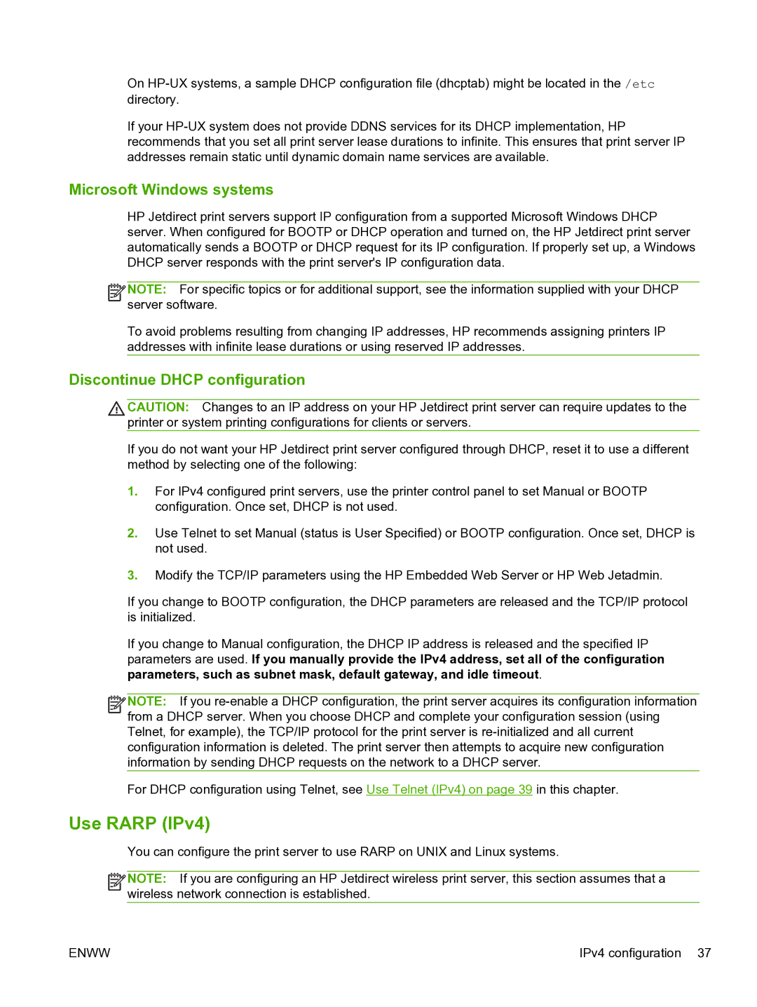 HP 640n Print Server manual Use Rarp IPv4, Microsoft Windows systems, Discontinue Dhcp configuration 