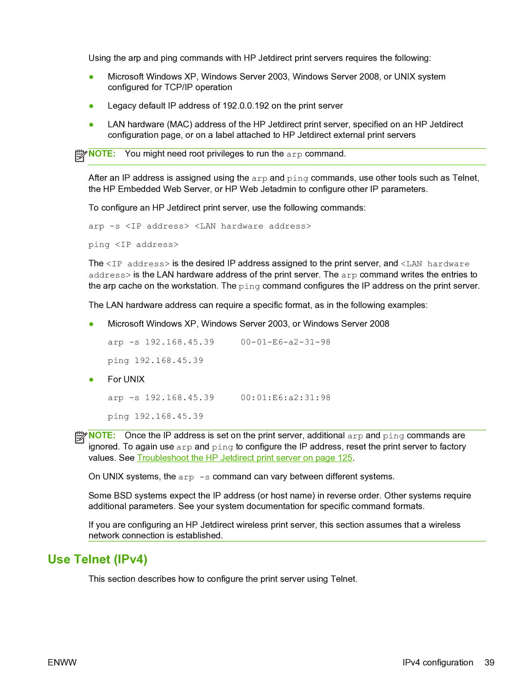 HP 640n Print Server manual Use Telnet IPv4, Arp -s IP address LAN hardware address Ping IP address 