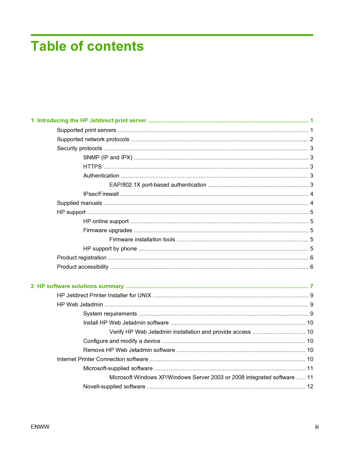 HP 640n Print Server manual Table of contents 