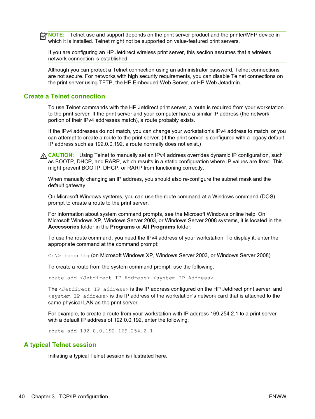 HP 640n Print Server manual Create a Telnet connection, Typical Telnet session 