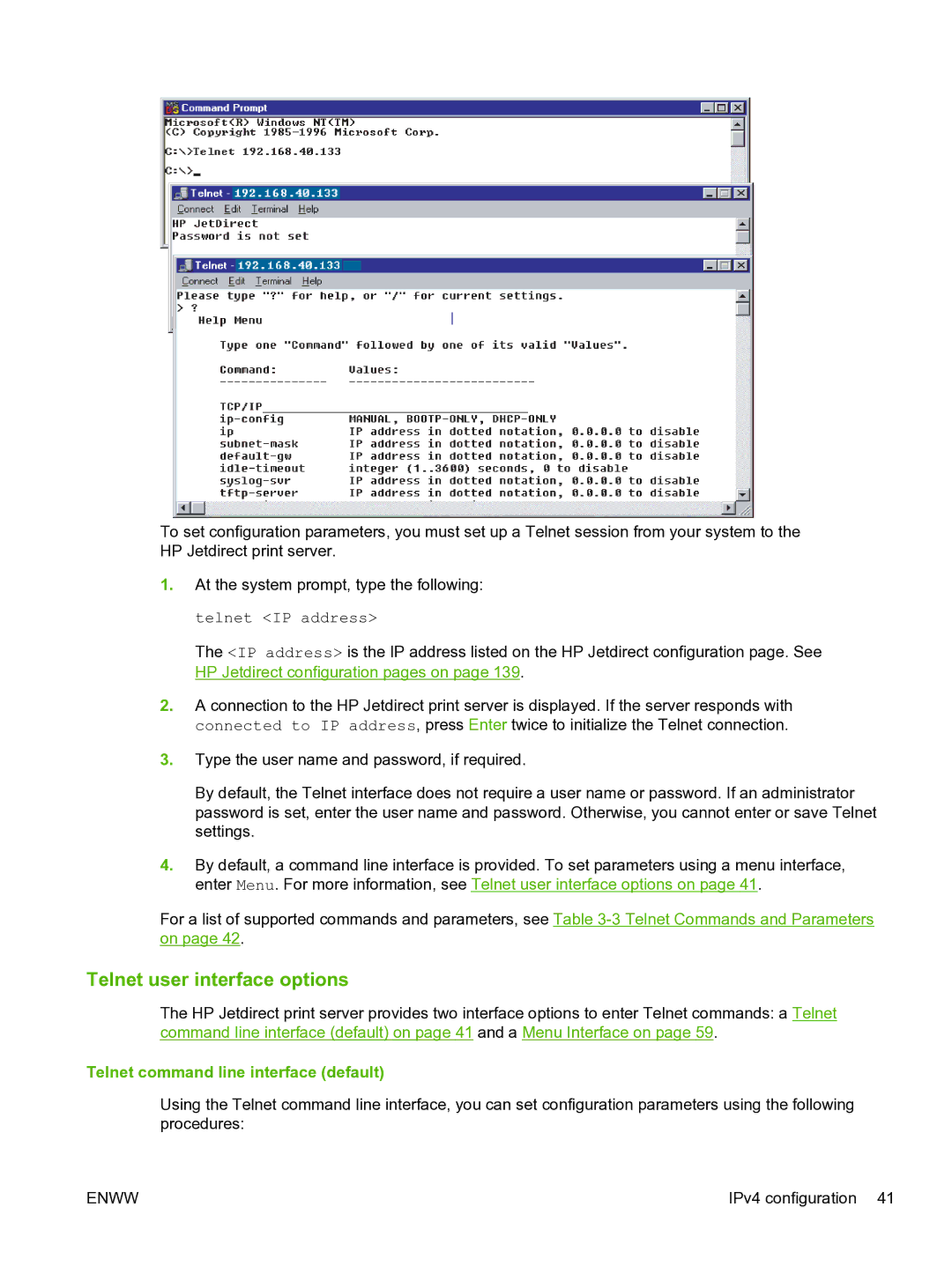 HP 640n Print Server manual Telnet user interface options, Telnet command line interface default 