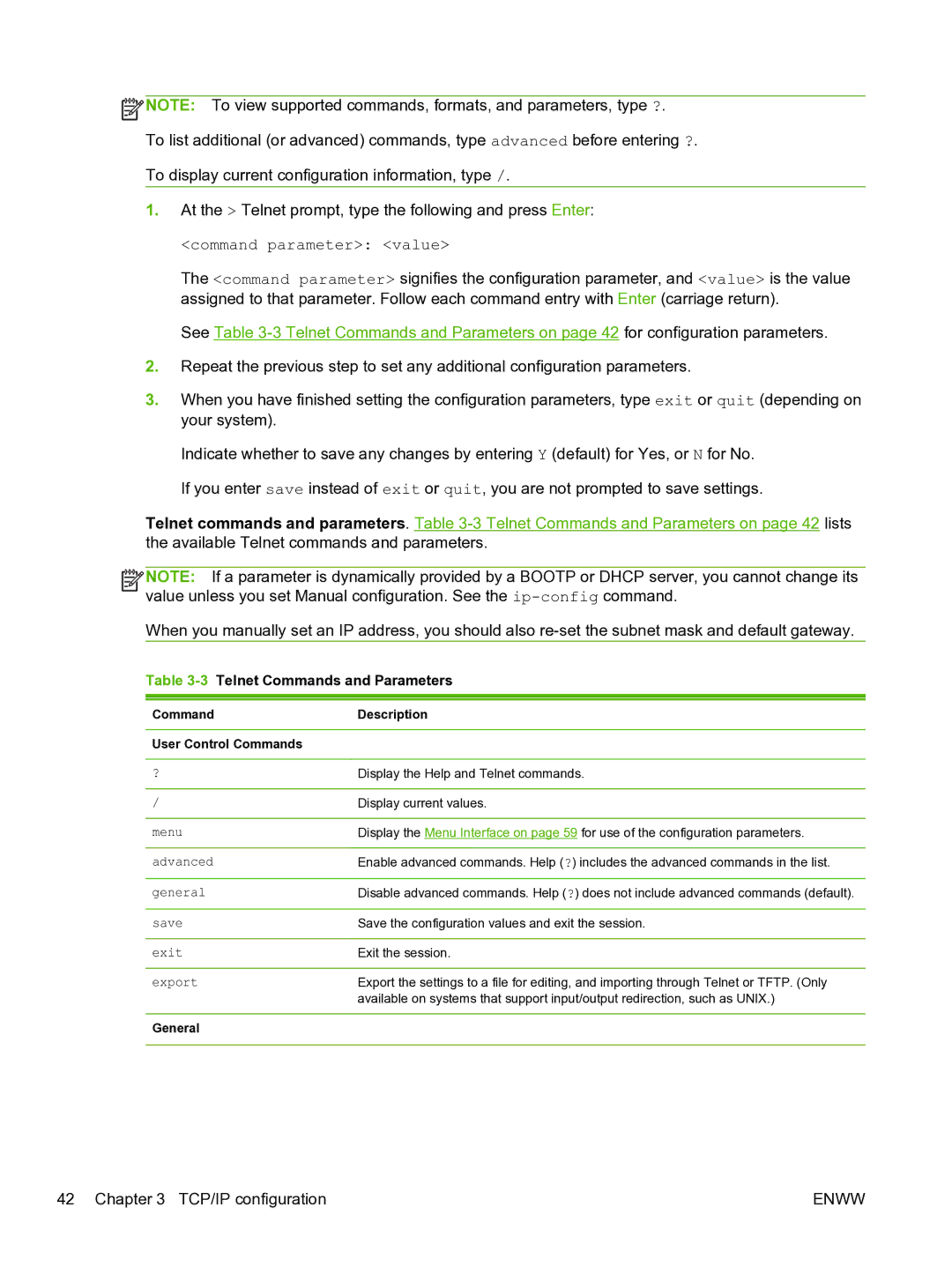 HP 640n Print Server manual 3Telnet Commands and Parameters, Command Description User Control Commands 