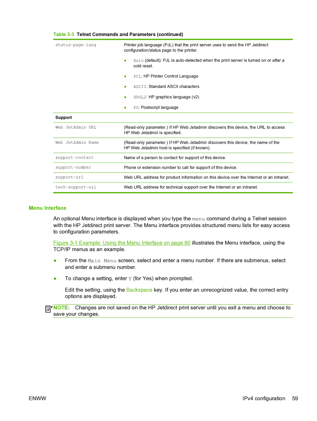 HP 640n Print Server manual Menu Interface, Web JetAdmin URL, Web JetAdmin Name, Support-contact 