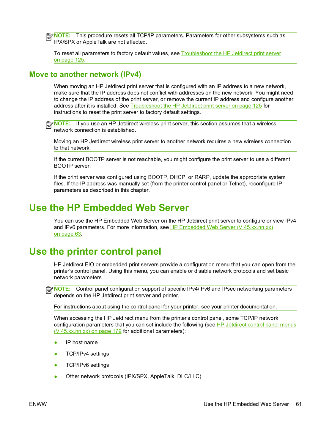 HP 640n Print Server manual Use the HP Embedded Web Server, Use the printer control panel, Move to another network IPv4 