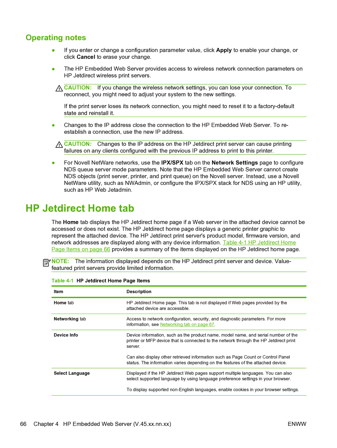 HP 640n Print Server manual HP Jetdirect Home tab, Operating notes, 1HP Jetdirect Home Page Items 