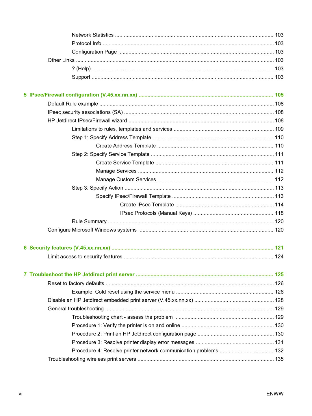 HP 640n Print Server manual 105, 121, 125 