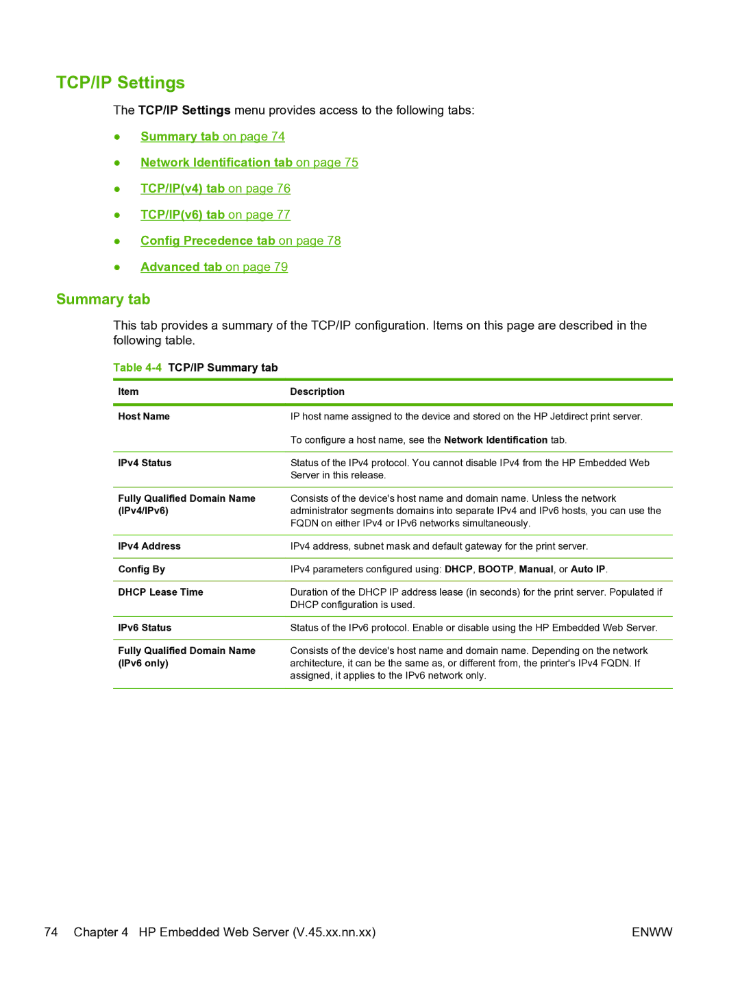 HP 640n Print Server manual TCP/IP Settings, 4TCP/IP Summary tab 