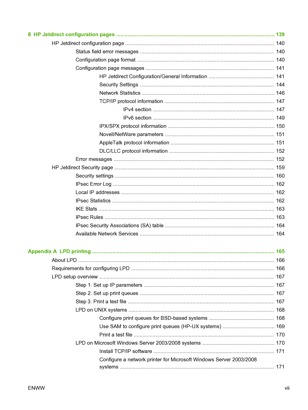 HP 640n Print Server manual 139, 165 