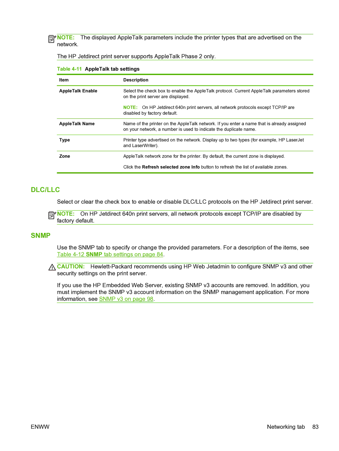 HP 640n Print Server manual 11AppleTalk tab settings, AppleTalk Enable, AppleTalk Name, Type, Zone 