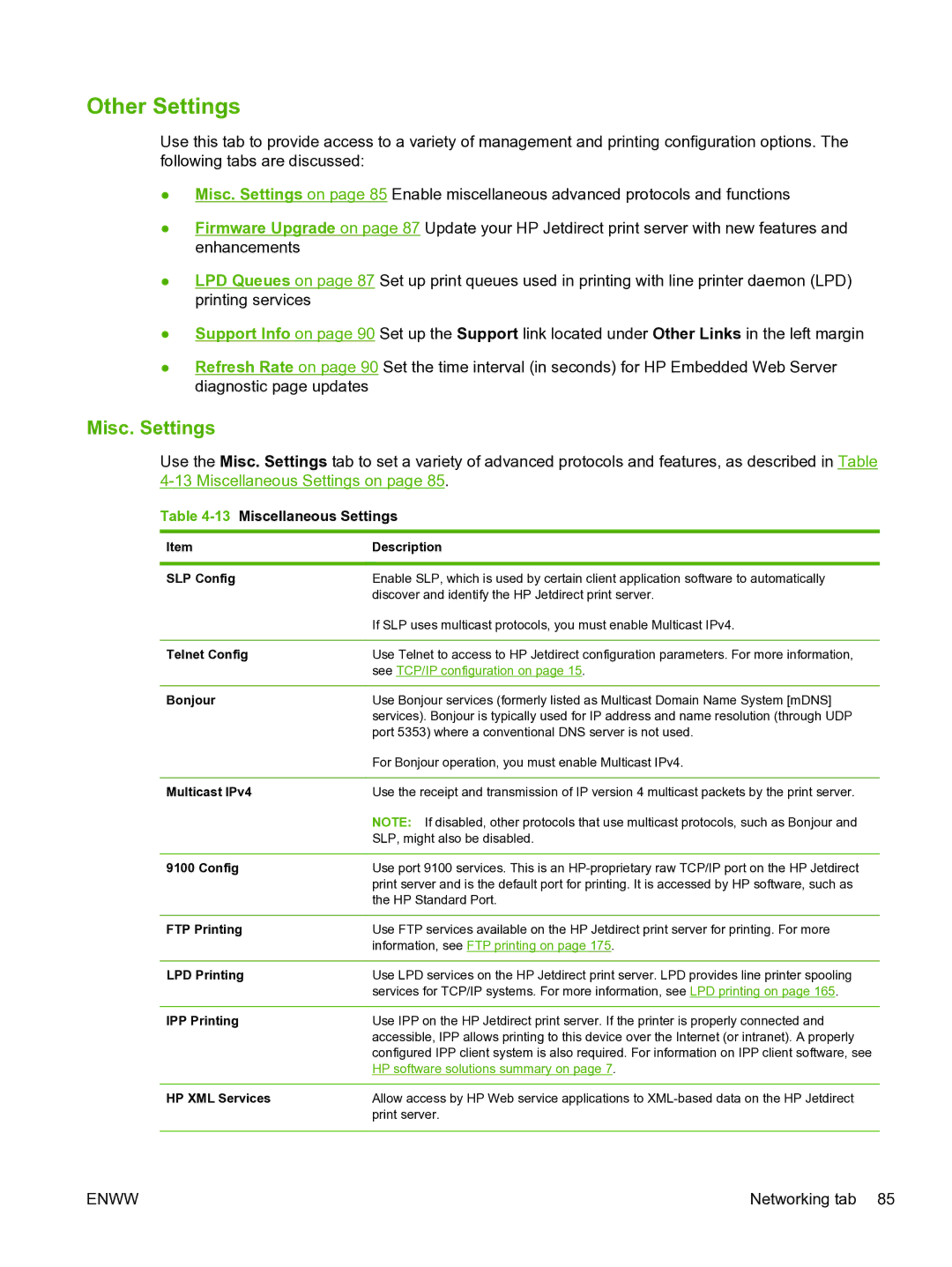 HP 640n Print Server manual Other Settings, Misc. Settings, 13Miscellaneous Settings 