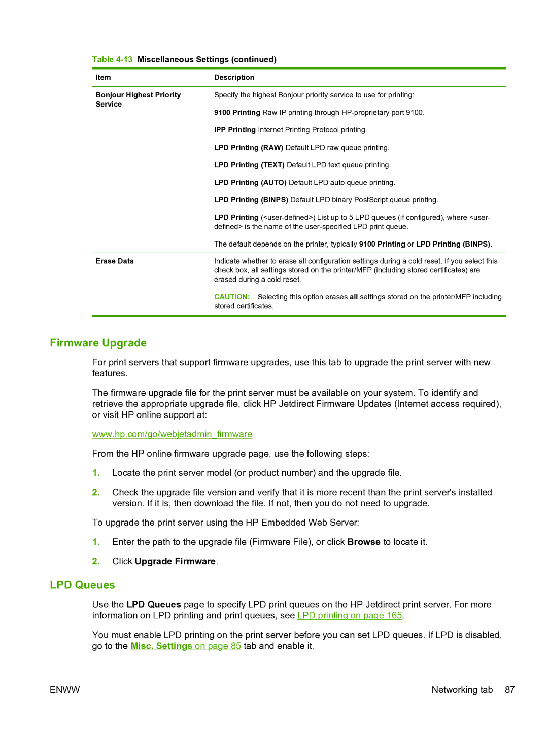 HP 640n Print Server manual Firmware Upgrade, LPD Queues, Bonjour Highest Priority, Service, Erase Data 