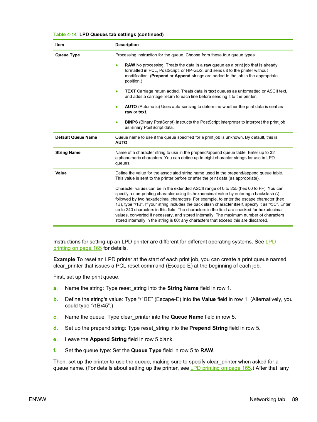 HP 640n Print Server manual Queue Type, Raw or text, Default Queue Name, String Name, Value 