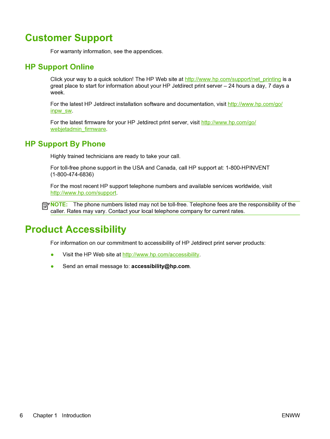 HP 640n Print Server manual Customer Support, Product Accessibility, HP Support Online HP Support By Phone 