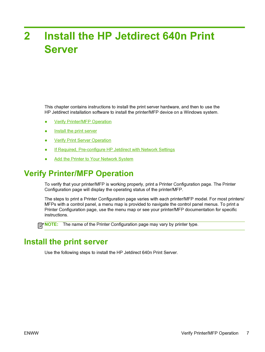 HP manual Install the HP Jetdirect 640n Print Server, Verify Printer/MFP Operation, Install the print server 