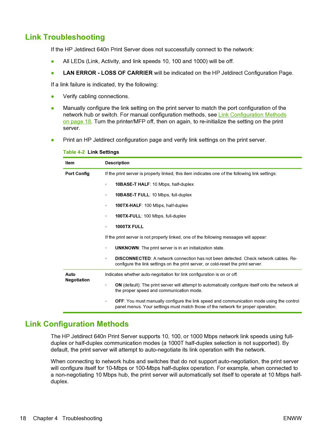 HP 640n Print Server manual Link Troubleshooting, Link Configuration Methods 