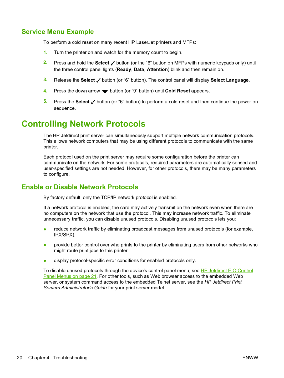 HP 640n Print Server manual Controlling Network Protocols, Service Menu Example, Enable or Disable Network Protocols 