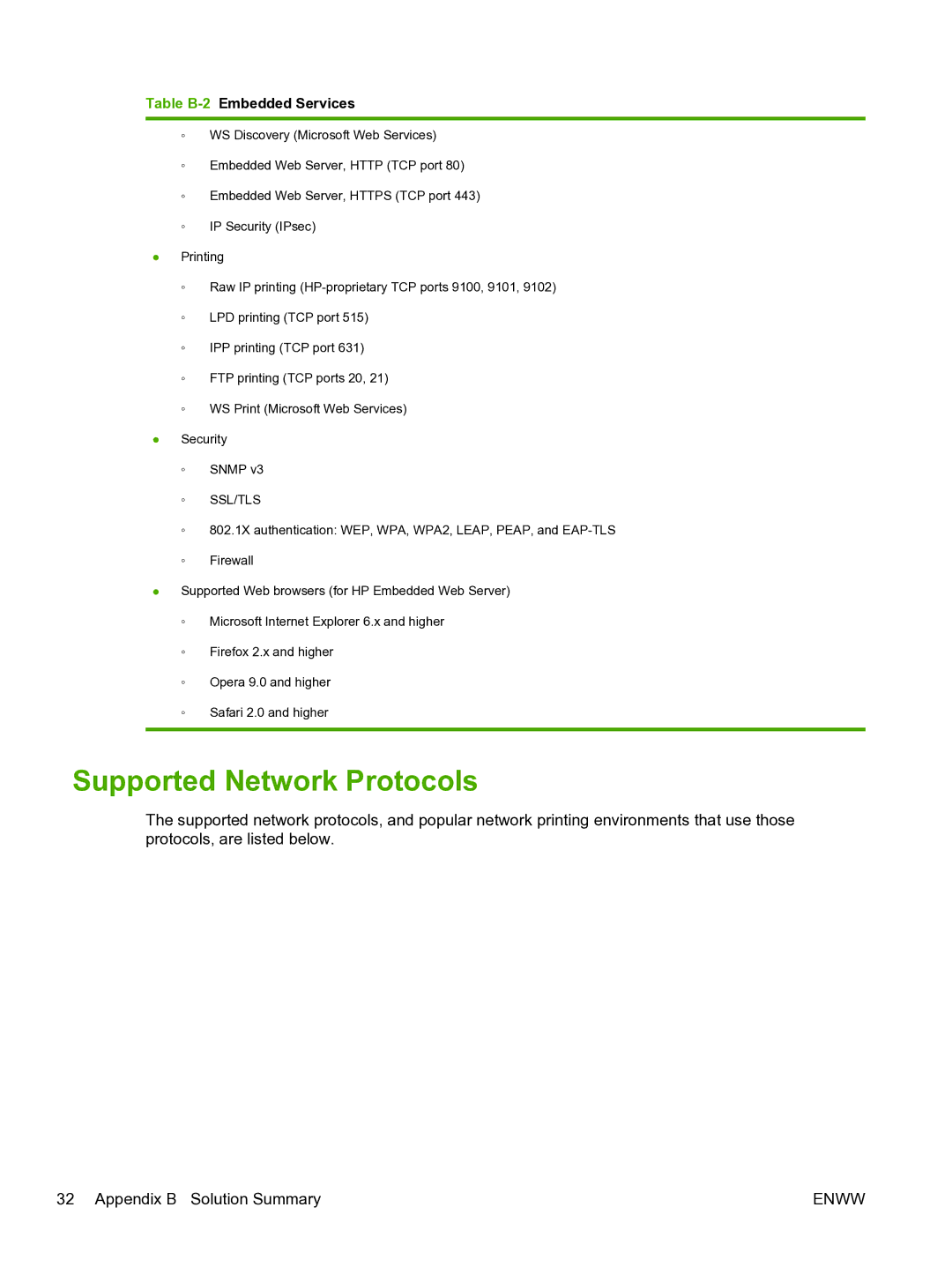 HP 640n Print Server manual Supported Network Protocols, Ssl/Tls 