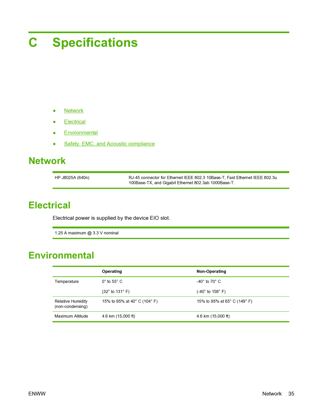 HP 640n Print Server manual Specifications, Network, Electrical, Environmental 