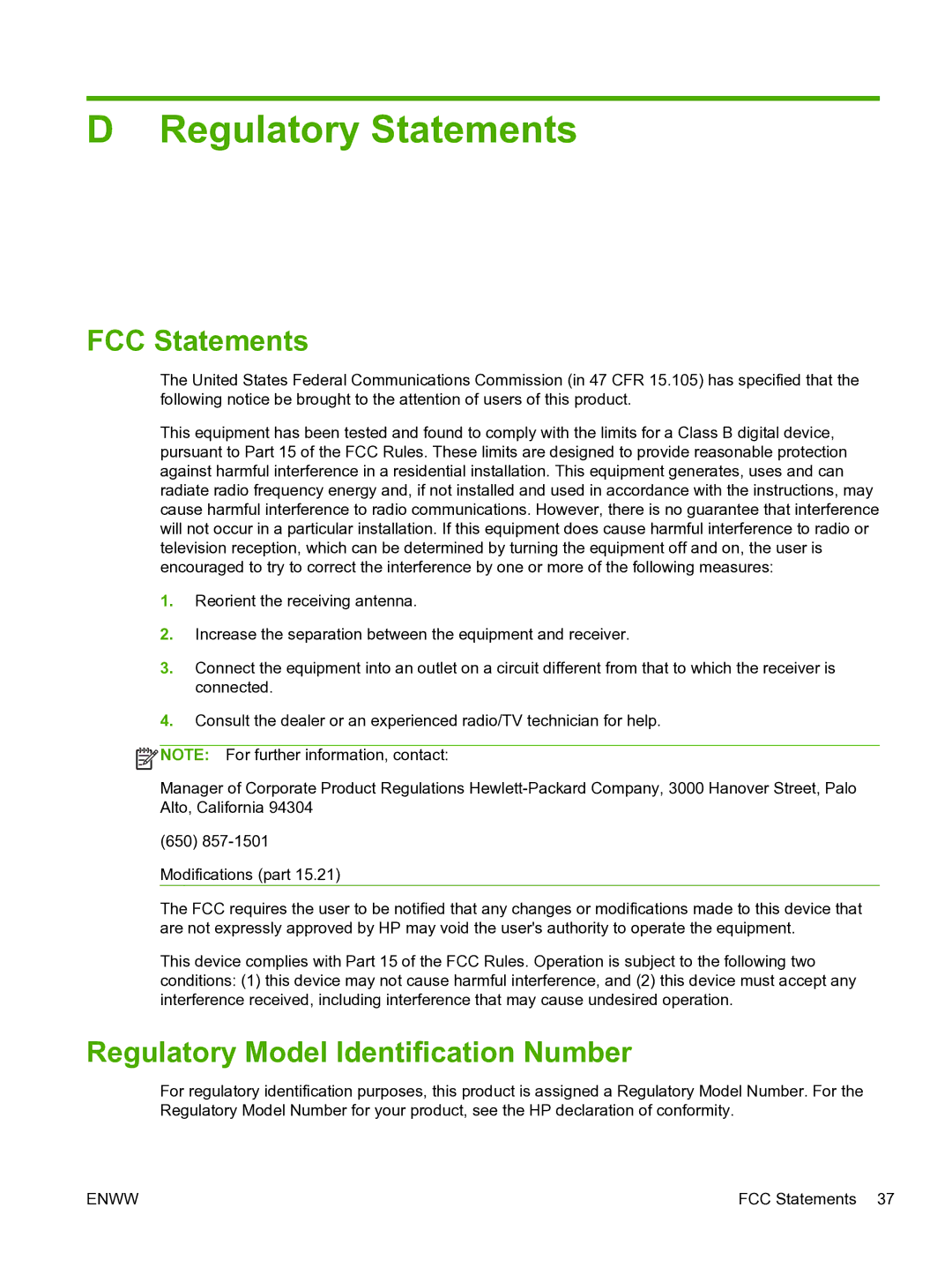 HP 640n Print Server manual Regulatory Statements, FCC Statements, Regulatory Model Identification Number 