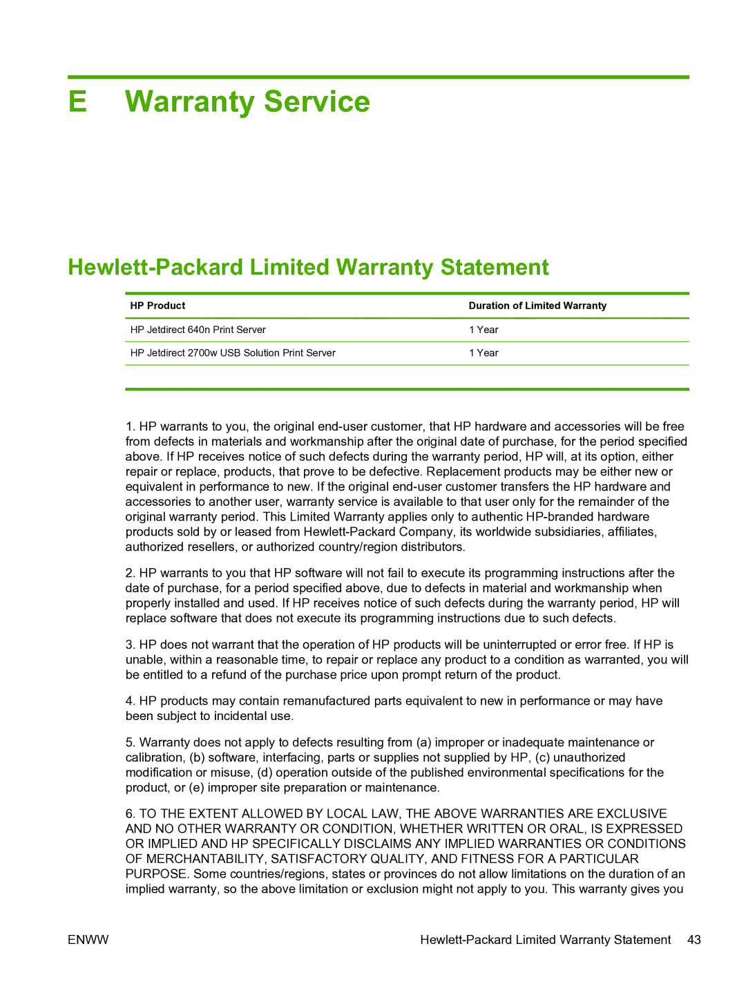 HP 640n Print Server manual Warranty Service, Hewlett-Packard Limited Warranty Statement 