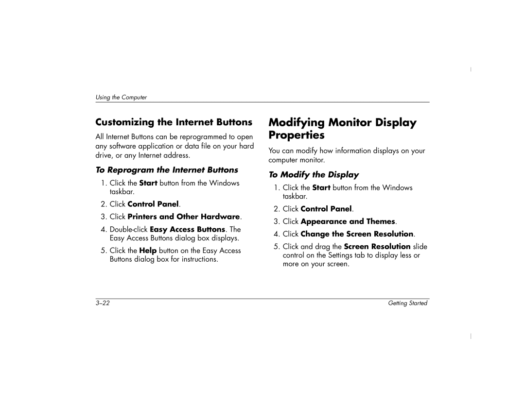 HP 6450NX manual Modifying Monitor Display Properties, Customizing the Internet Buttons, To Reprogram the Internet Buttons 