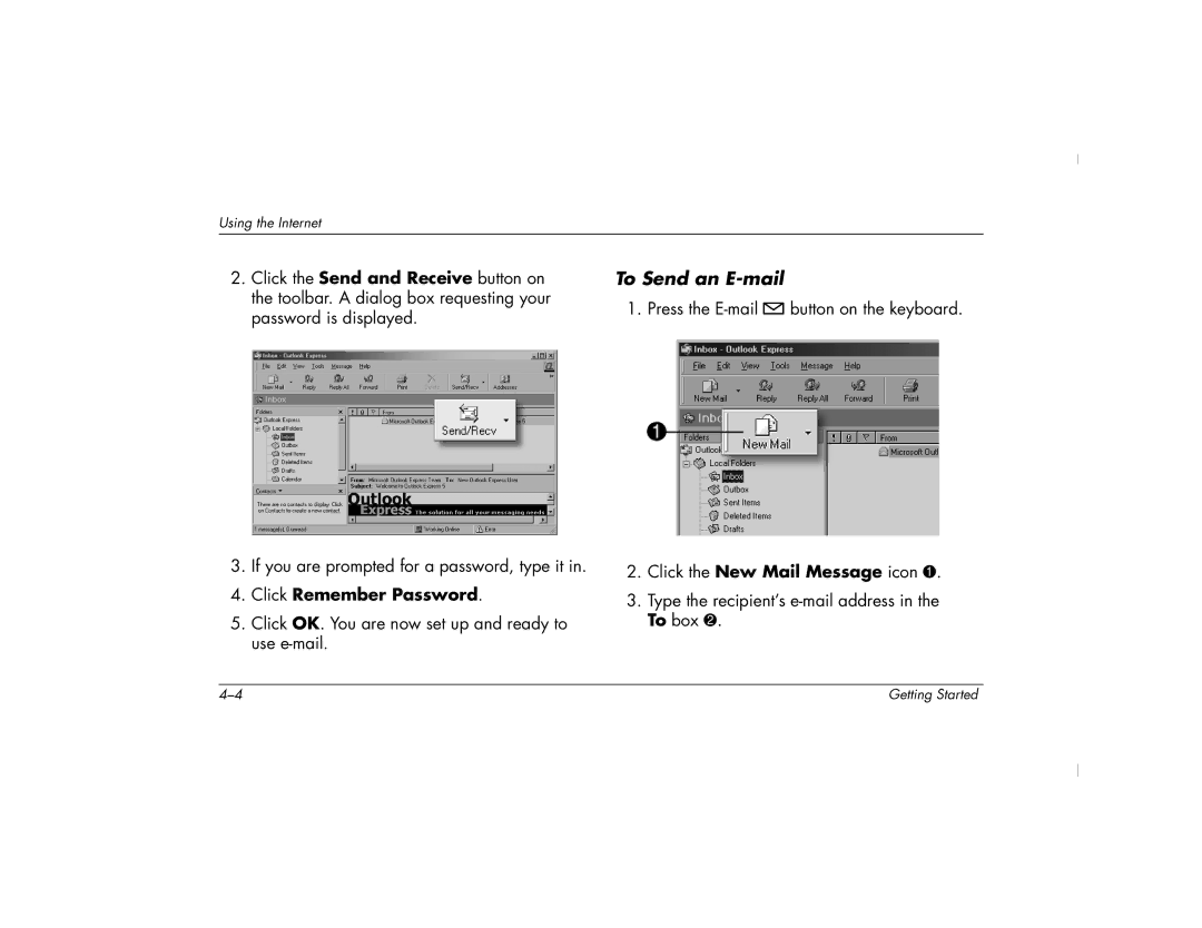 HP 6435CL, 6430NX, 6420NX, 6404US, 6401RSH, 6415CL To Send an E-mail, Click Remember Password, Click the New Mail Message icon 