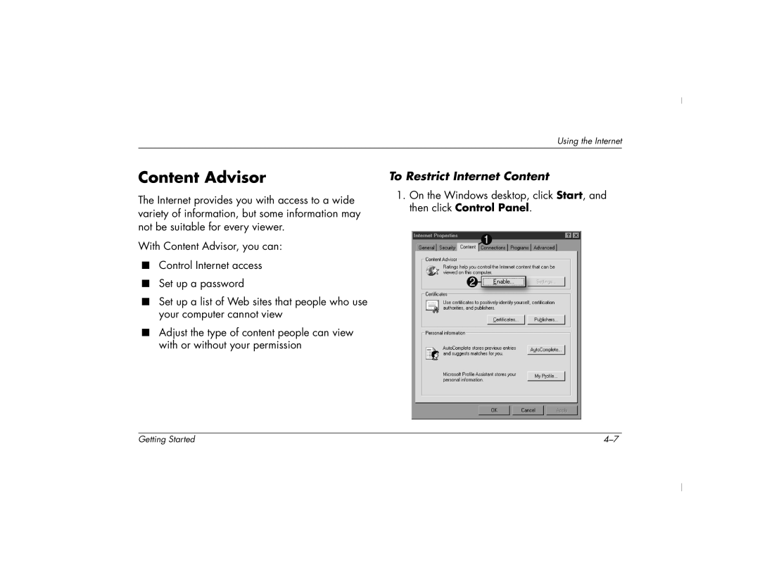 HP 6485CL, 6430NX, 6420NX, 6404US, 6401RSH, 6415CL, 6400NX, 6433US, 6435CL, 6450NX Content Advisor, To Restrict Internet Content 