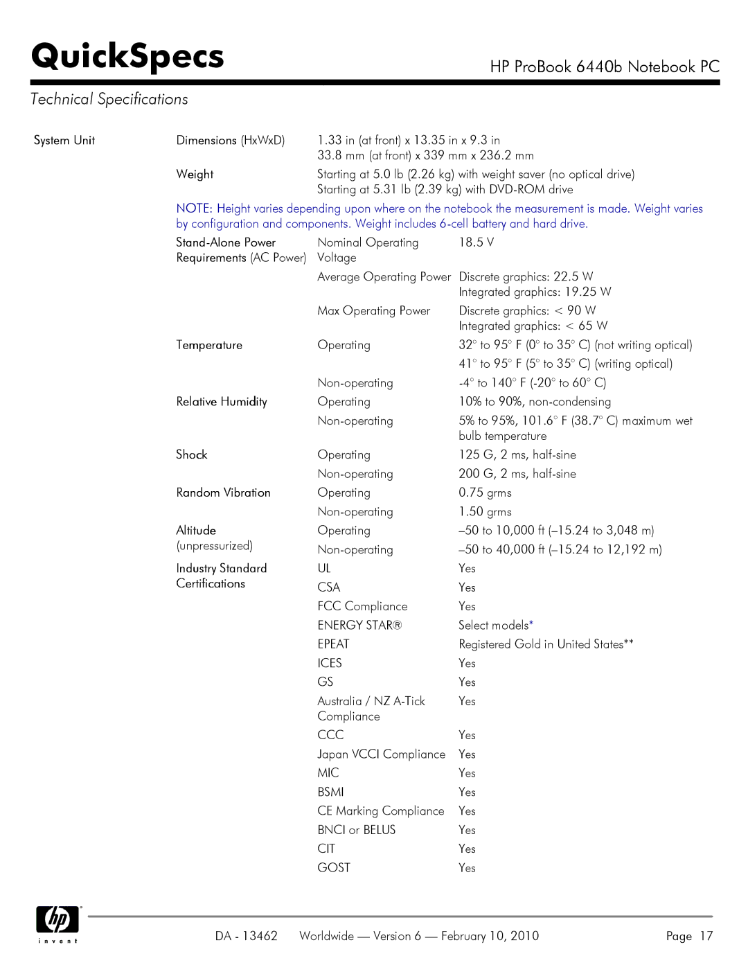 HP 6440B System Unit Dimensions HxWxD, Weight, Stand-Alone Power, Temperature, Relative Humidity, Shock, Random Vibration 